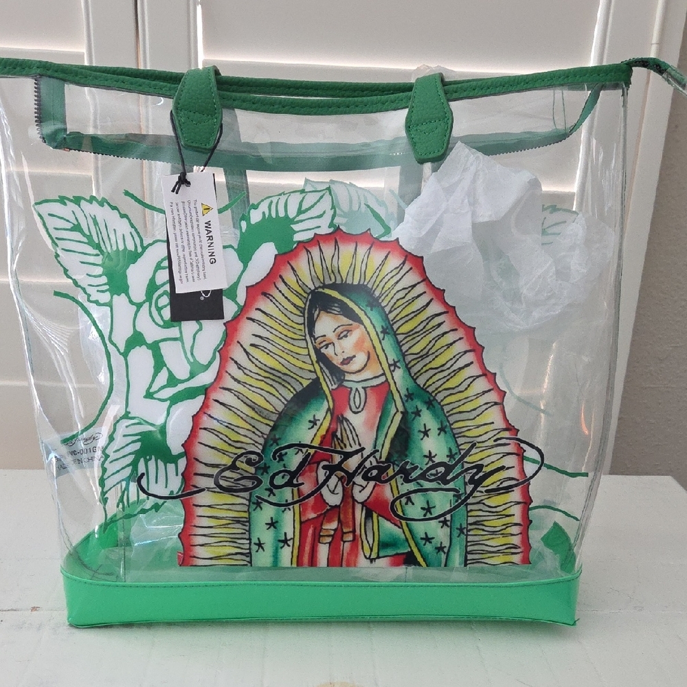 Ed Hardy Clear Tote with Green and Multicolor Design